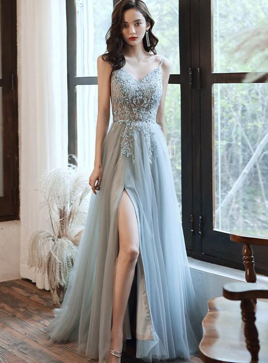 blue grey prom dress Gray Tulle Lace Long Dress, Gray Tulle Lace Evening US 2 / Gray Made from organza Long Formal Dress 5416bn by