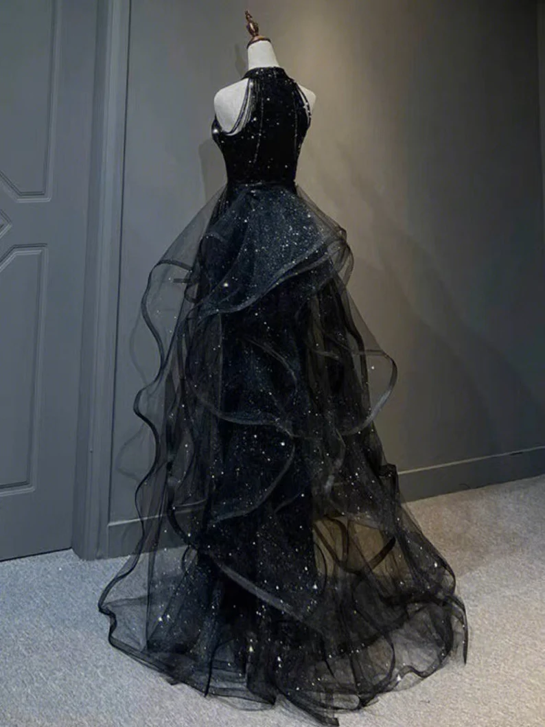 Black Halter Tulle Bead A-line Layers Long Formal Dress, Black Tulle Evening Dress Prom Dress main image 1