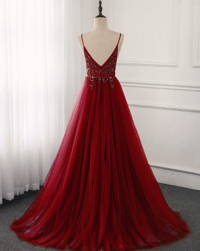 Wine Red Long Tulle V-neckline Beaded Junior Prom Dress, Dark Red Part ...