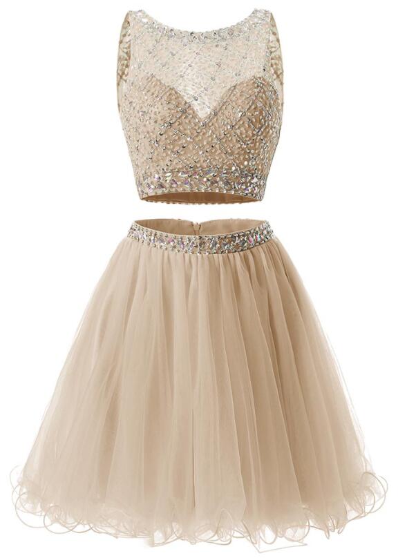Two Piece Champagne Beaded Tulle Homecoming Dress, Short Prom Dress Party Dress US Size 16W / Champagne Two Piece Champagne Beaded Tulle Homecoming Dress, Short Prom Dress Party Dress US Size 16W / Champagne