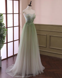 Beautiful Gradient Tulle Green Beaded Long Sleeves Party Dress,Green Formal Dresses
