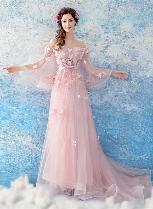 Pink Flowers and Tulle Long Puffy Sleeves Prom Dress, Pink Long Party Dress Evening Dress US size 14 / Pink