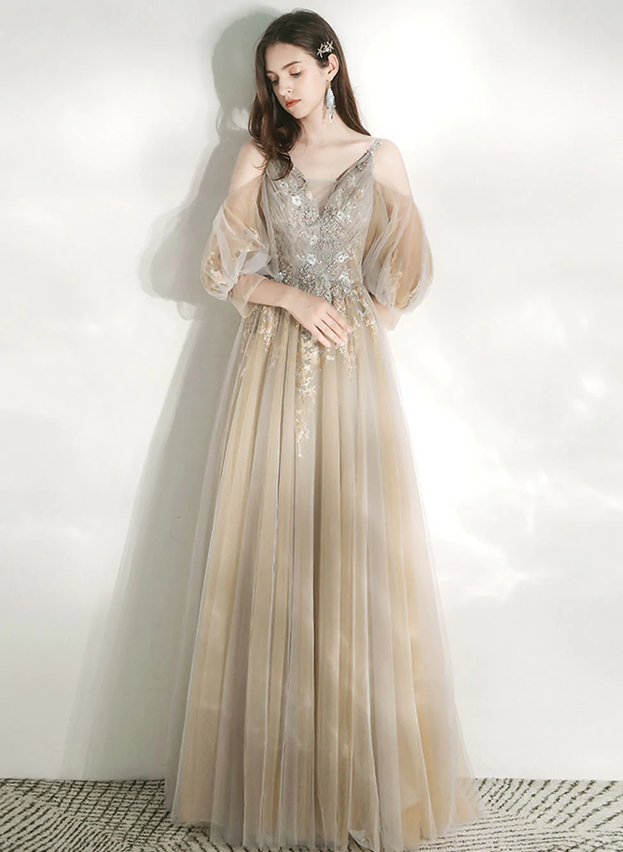 Floral Engagement Dress Short Champagne A-line Tulle Lace Long Prom Dress,  Champagne Evening Dress  Toptby
