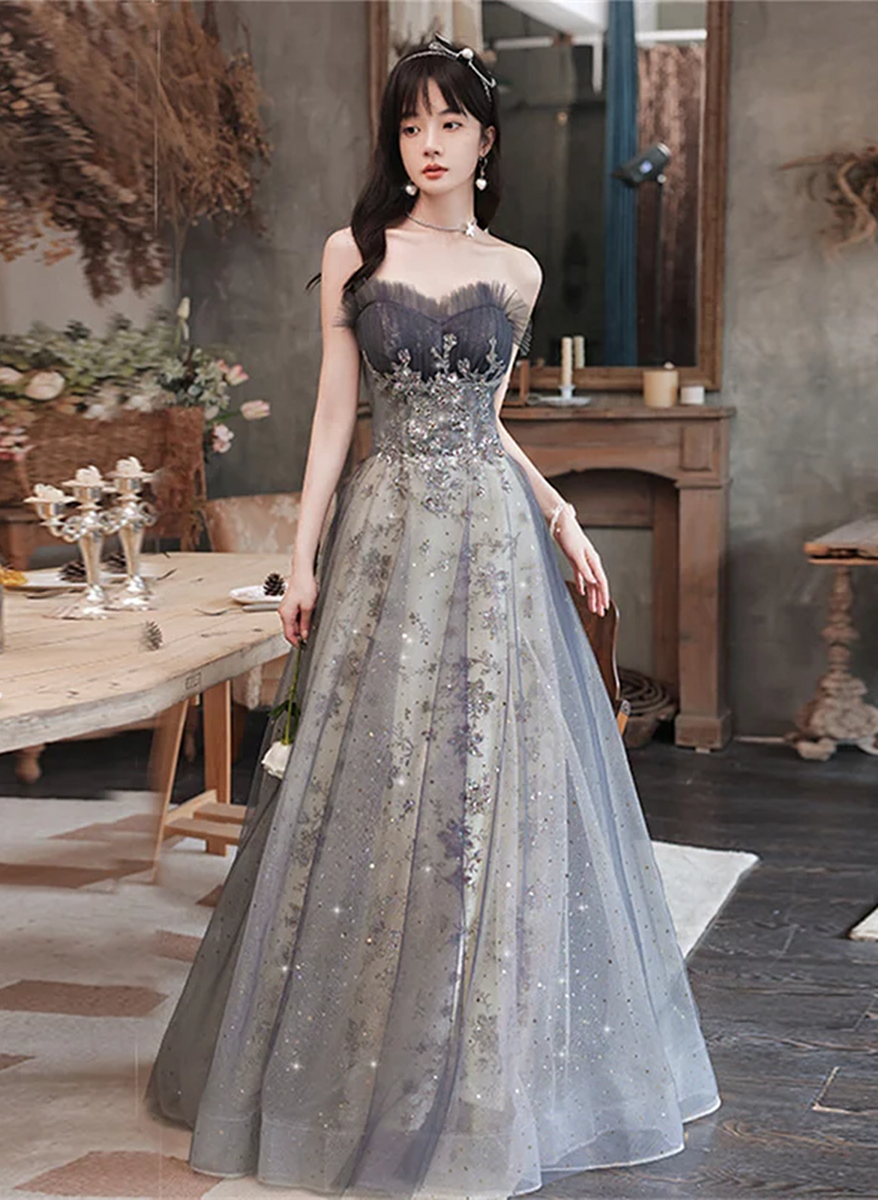 Grey Tulle Long Sleeves Sweetheart Party Dress, Long Evening Gown