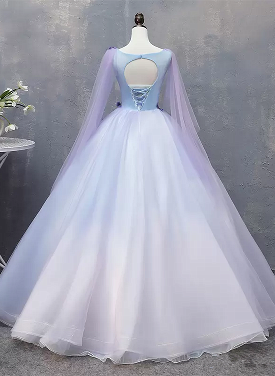 Lavender Tulle with Flower and Lace Sweet 16 Dress, Lavender Long Party Dress