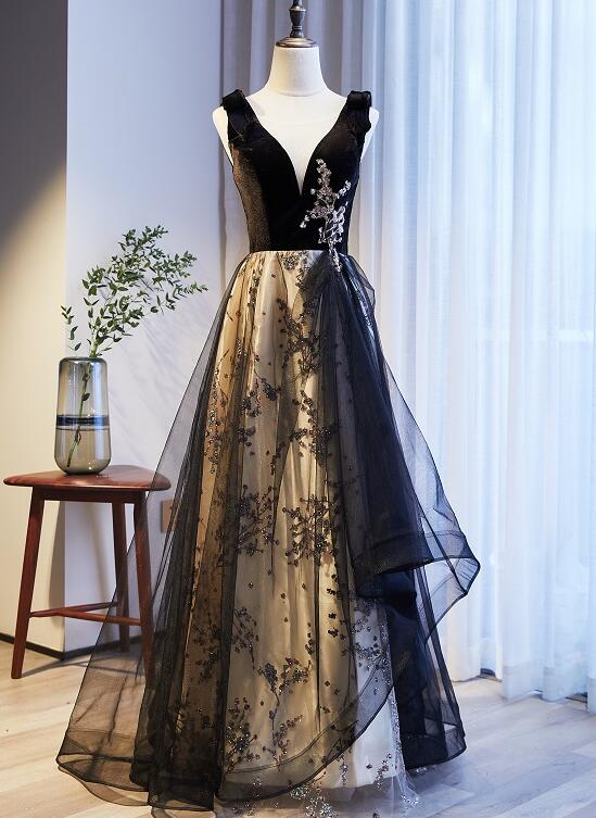 Black Straps V-neckline Tulle Party Dress, Black Evening Dress Prom Dress