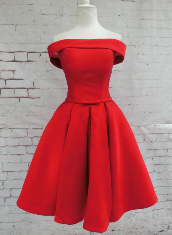 red off the shoulder short prom dress Beautiful Red Satin Short Party Dress, Red Off Shoulder Homecoming Dress US size 14 / Custom Color