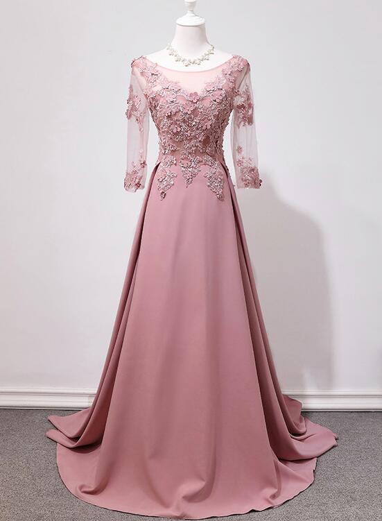 Elegant Pink Long Sleeves Lace Applique Long Party Dress, Pink Prom Dress US size 16W / Pink Elegant Pink Long Sleeves Lace Applique Long Party Dress, Pink Prom Dress US size 16W / Pink