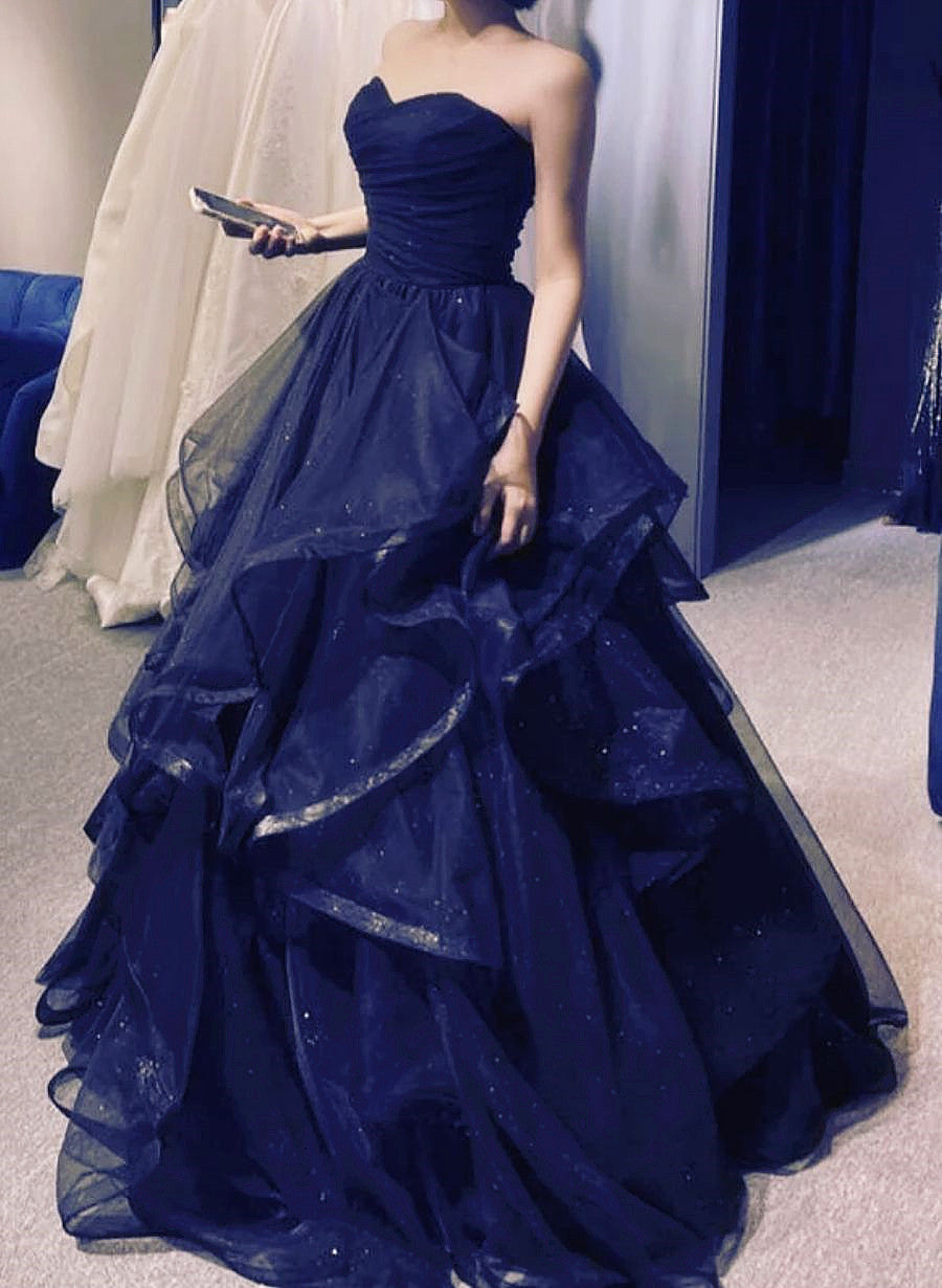 Navy Blue Puffy Sleeves Tulle with Beadings Long Party Dress, Blue Long Prom Dress main image 0