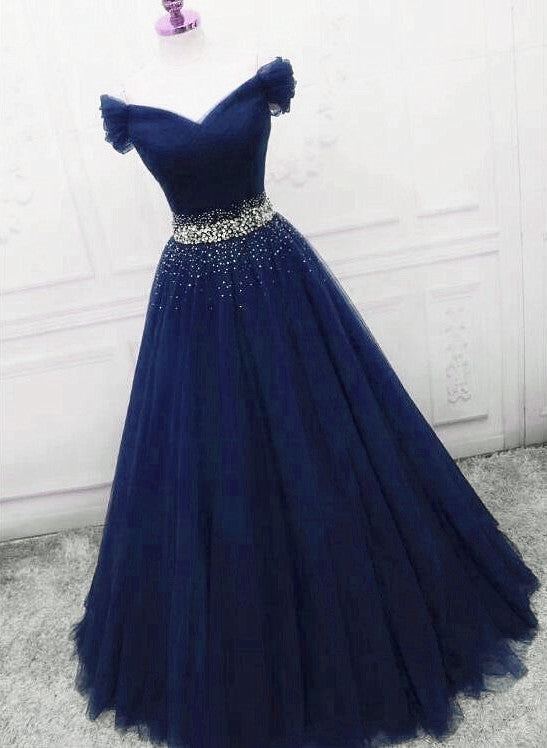 Dark Blue Beaded Tulle A-line Party Dress, Long Prom Dress – BeautyDressy