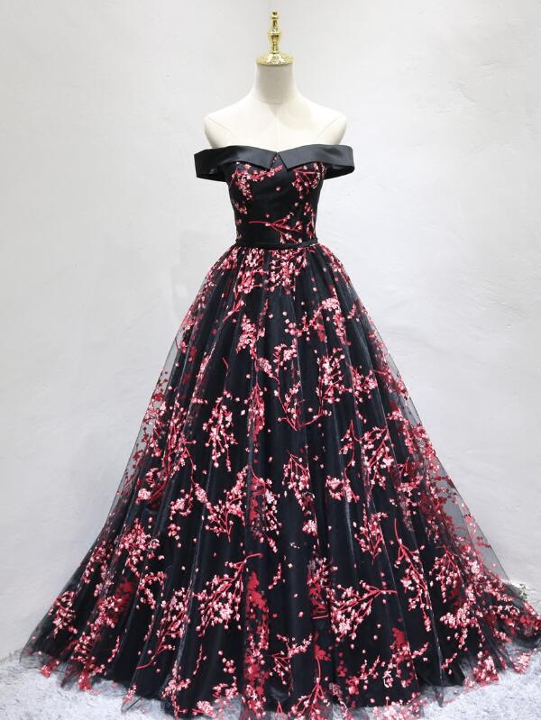 Beautiful Black Long Floral Lace Party Dress, Off Shoulder Prom Dress