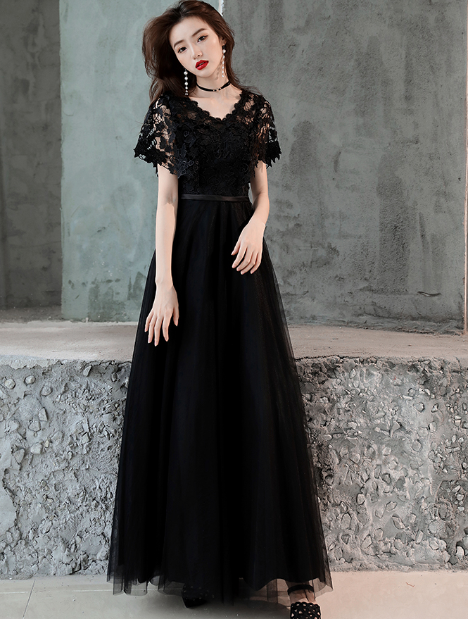 Black Lace and Tulle Long A-line Simple Evening Dress, Black Formal Dr ...