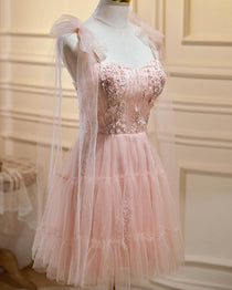 PINK TULLE LACE SHORT HOMECOMING DRESS, PINK TULLE LACE BRIDESMAID DRESS        cg23335 main image 1
