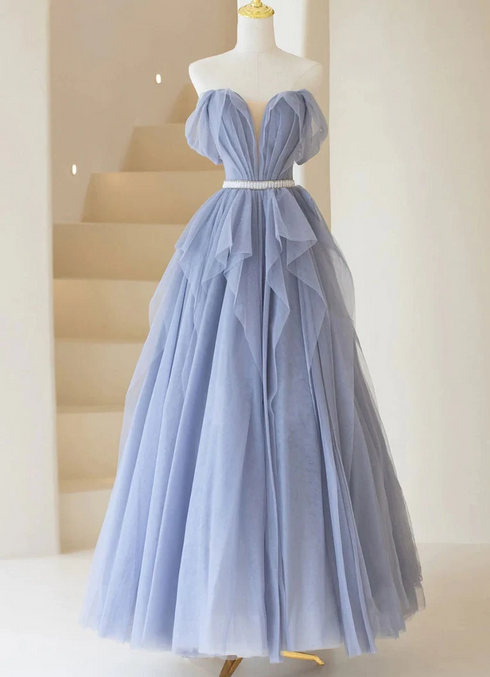 Navy Blue Sweetheart Tulle Floor Length Prom Dress, Navy Blue Evening Dress