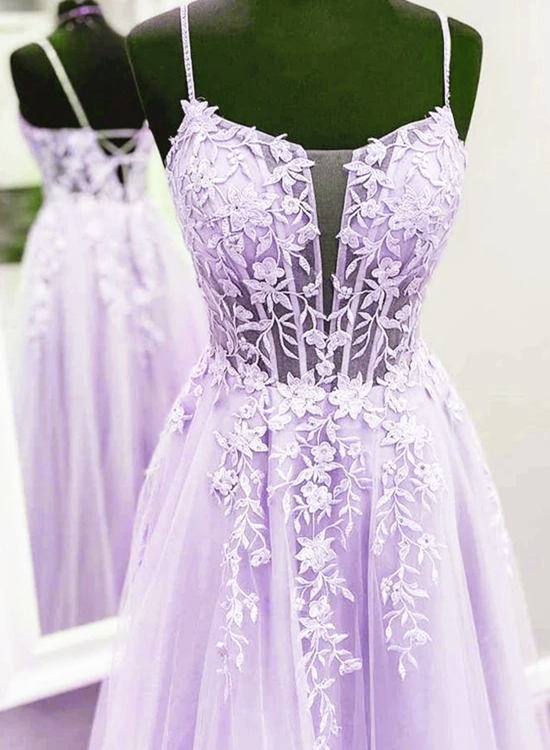 strapless open back dress Lavender Lace Applique Tulle A-line Party Dress, Floor Length Evening –  BeautyDressy