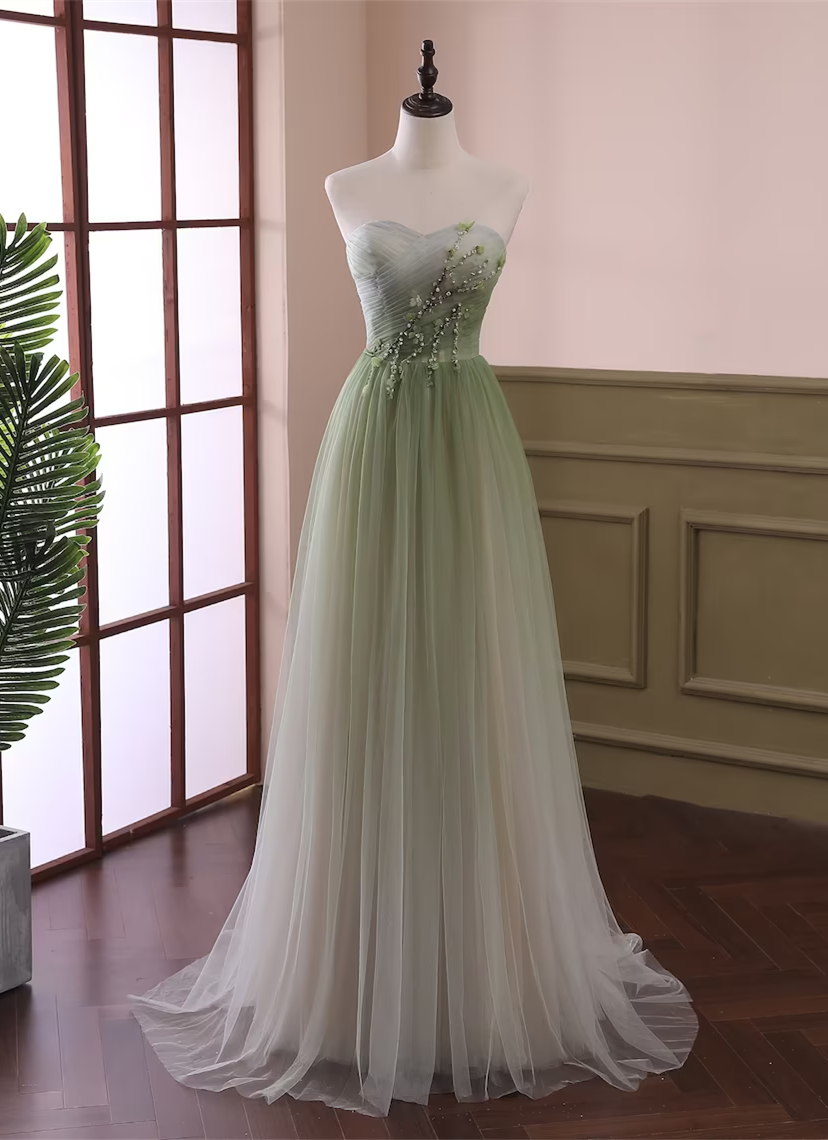 Light Green Gradient Tulle Long Formal Dress, Green Beaded Sweetheart