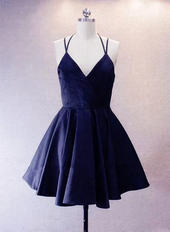 Navy Blue Short Straps Satin Homecoming Dresses, Lovely Simple Prom Dr –  BeautyDressy