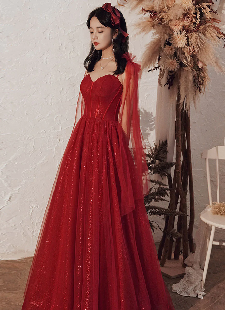 væg Do I virkeligheden Wine Red Shiny Tulle Straps Long Evening Dress, A-line Tulle Junior Pr –  BeautyDressy