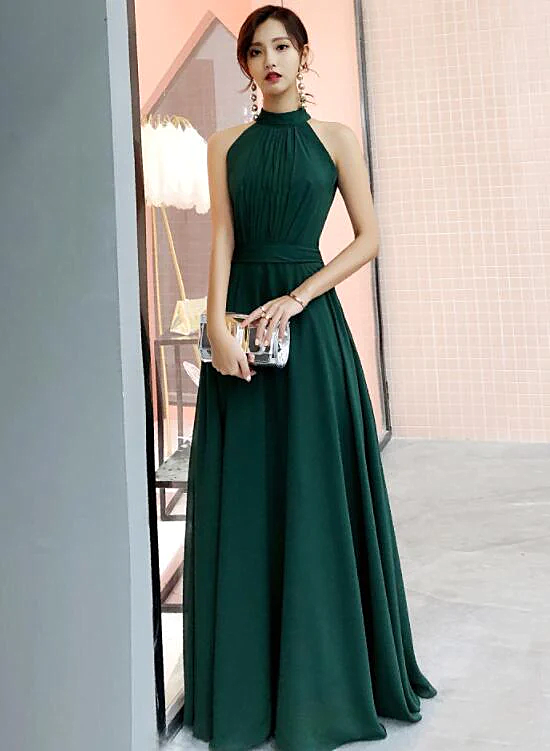 Dark Green Chiffon Halter Floor Length Wedding Party Dress, Green Long