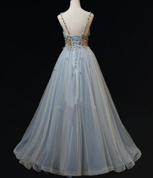 Blue Straps Tulle Floral Long Prom Dress main image 0