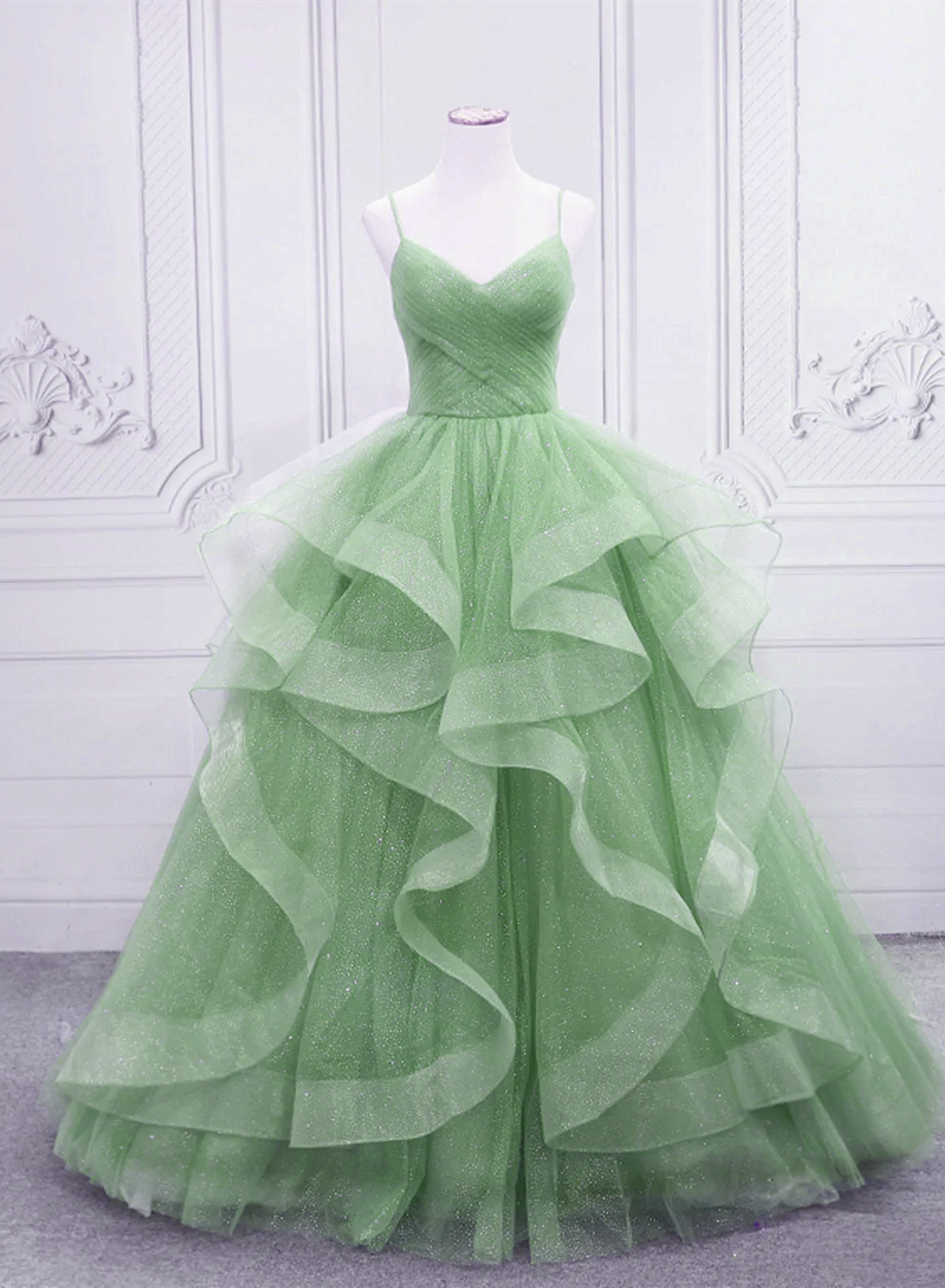 Light Green Layers Tulle Straps Long Formal Dress, Light Green Sweet 1