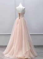 Pink A-line Beaded Tulle High Slit Straps Formal Dress, Pink Tulle Party Dress Prom Dress