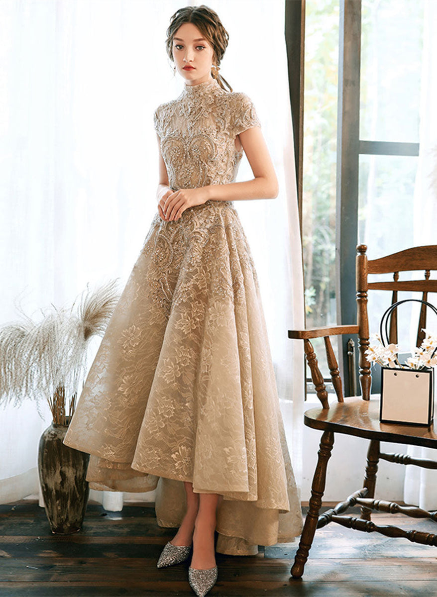 Light Champagne Lace High Neckline Wedding Party Dress, Champagne Lace Homecoming Dress