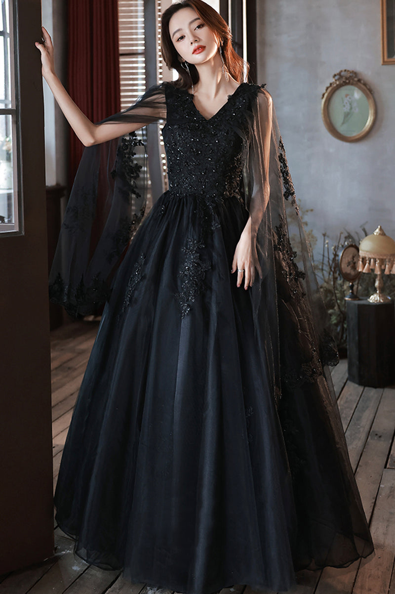 Black Tulle V-neckline Party Dress with Lace Applique, Black A-line Pr