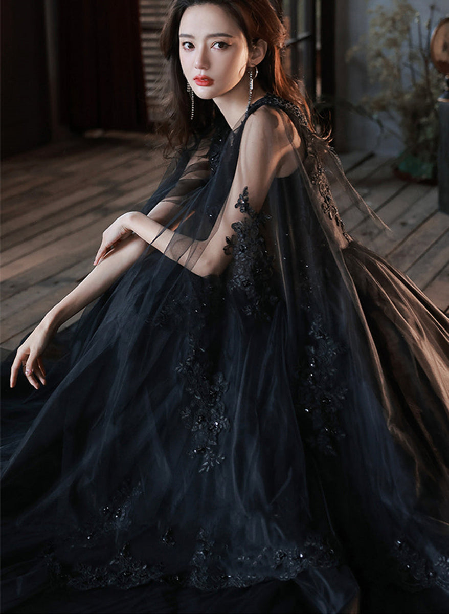 Black Tulle V-neckline Party Dress with Lace Applique, Black A-line Pr