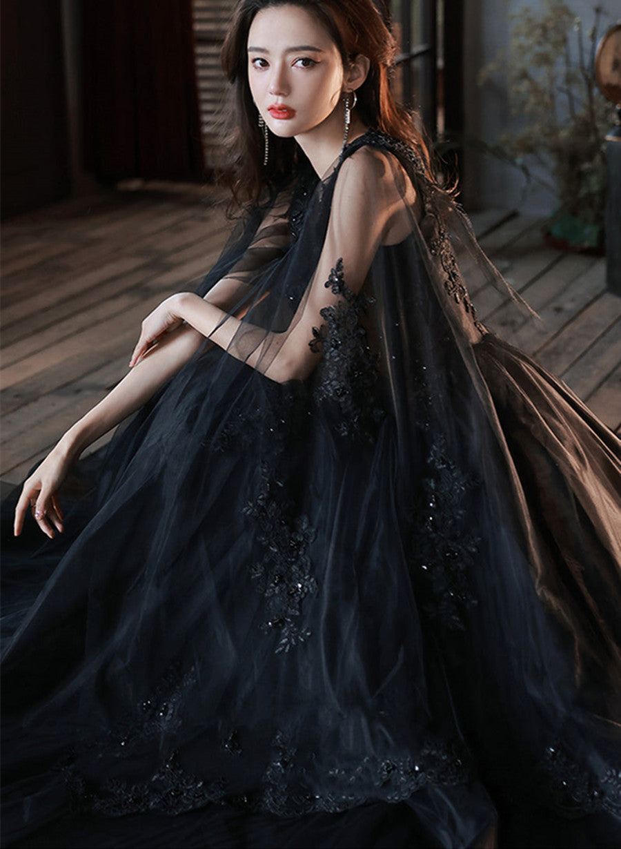korean black wedding dress Cecilia Couture 1522 Sheer Black Wedding Dress Floral 3D Lace Ballgown High Neck Button 16 / Black