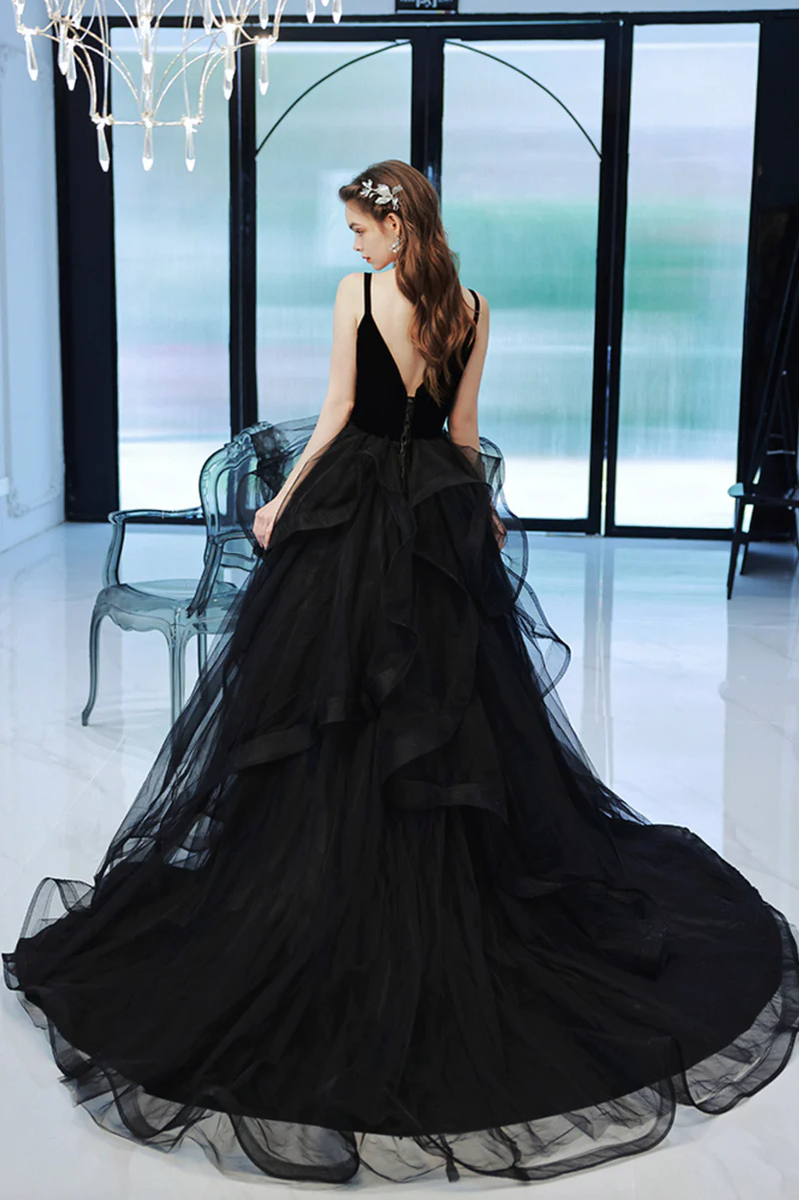 Black Straps V-neckline Tulle Long Party Dress, Black Low Back Prom Dr