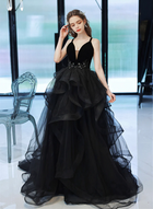 Black Ruffle Straps Tulle Multi-Layers V Neck Long Prom Dress,DP1171