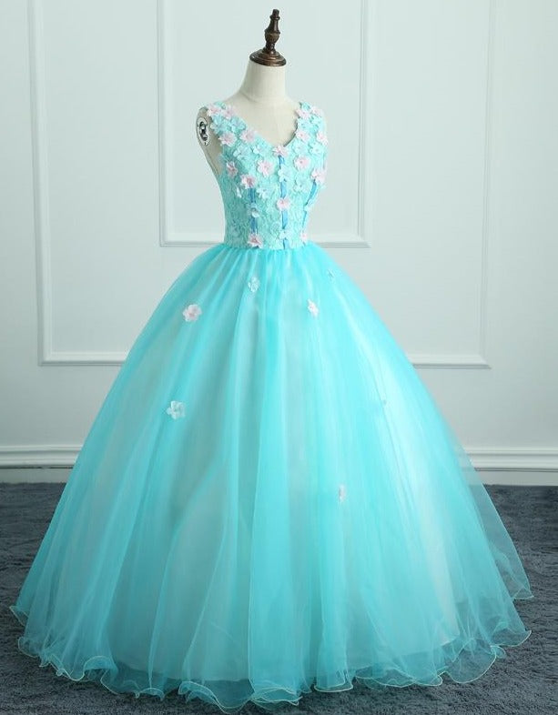 Adorable Light Blue Tulle with Flowers Floor Length Ball Gown Formal Dress, Blue Sweet 16 Dresses US size 24W / Blue