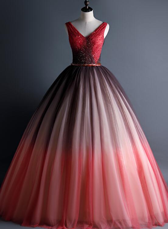 Beautiful Red Gradient Tulle Beaded V-neckline Sweet 16 Gown, Gradient Long Prom Dress US size 16 / Red Beautiful Red Gradient Tulle Beaded V-neckline Sweet 16 Gown, Gradient Long Prom Dress US size 16 / Red