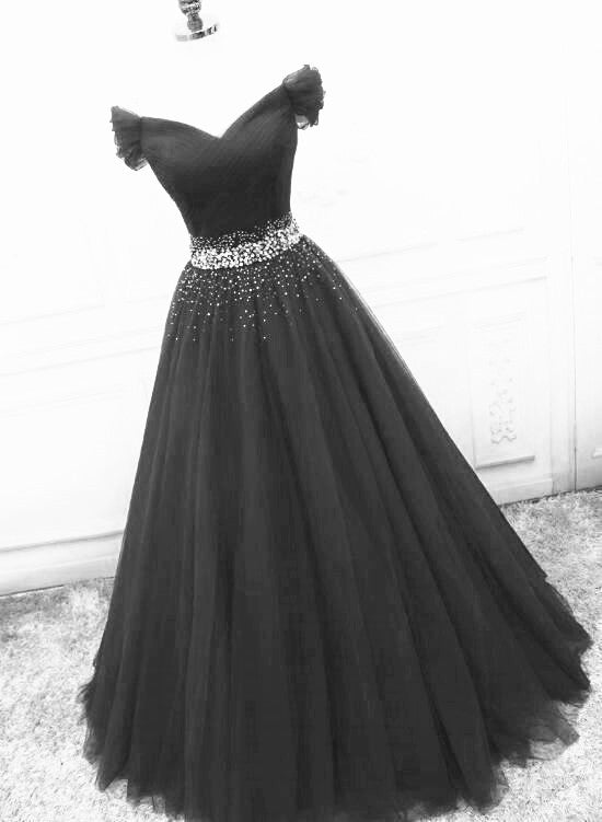 Black Tulle Beaded Floor Length Prom Dress, Black A-Line Off-Shoulder Evening Party Dress US 16 / Black Black Tulle Beaded Floor Length Prom Dress, Black A-Line Off-Shoulder Evening Party Dress US 16 / Black