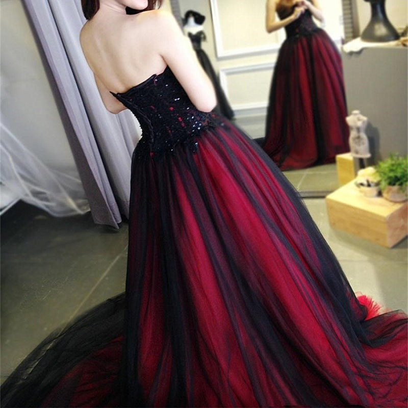 Black and Red Beaded Lace Tulle Long Evening Dress Prom Dress, Long We