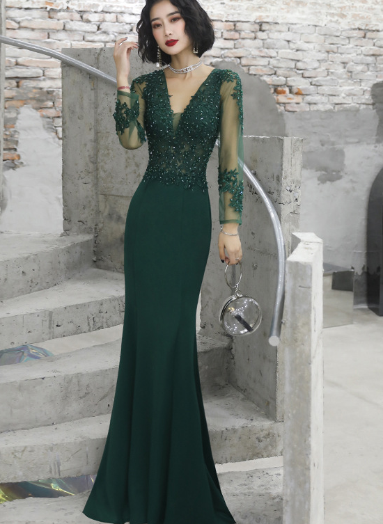 Dark Green Mermaid Spandex Long Evening Dress with Lace, Long Sleeves ...
