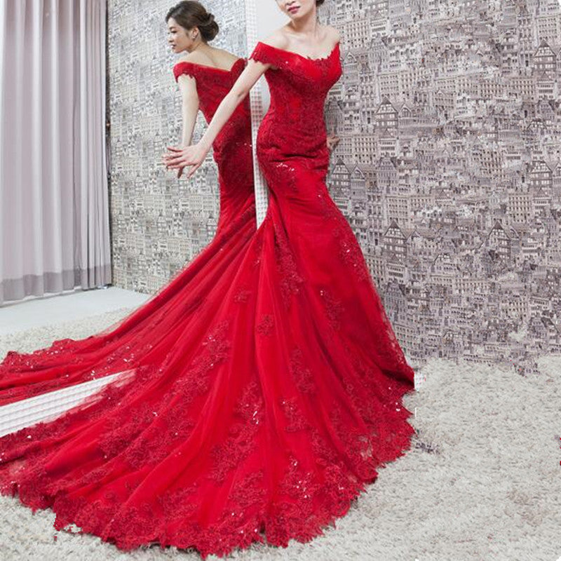 red mermaid dress off the shoulder Bright red off the shoulder sleeveless satin mermaid wedding dress with  chiffon bow back