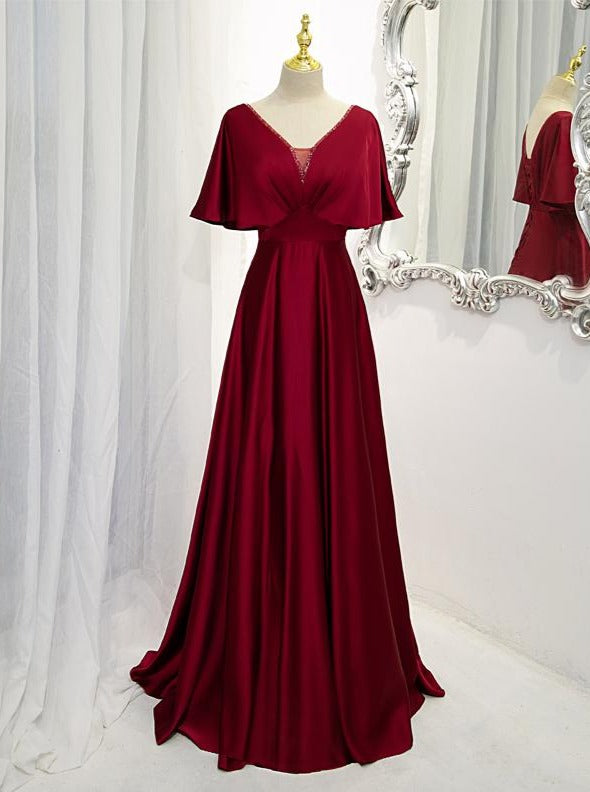 Dark Red Satin A-Line Floor Length Evening Dress, Wine Red Wedding Party Dresses US Size 22w / Custom Color