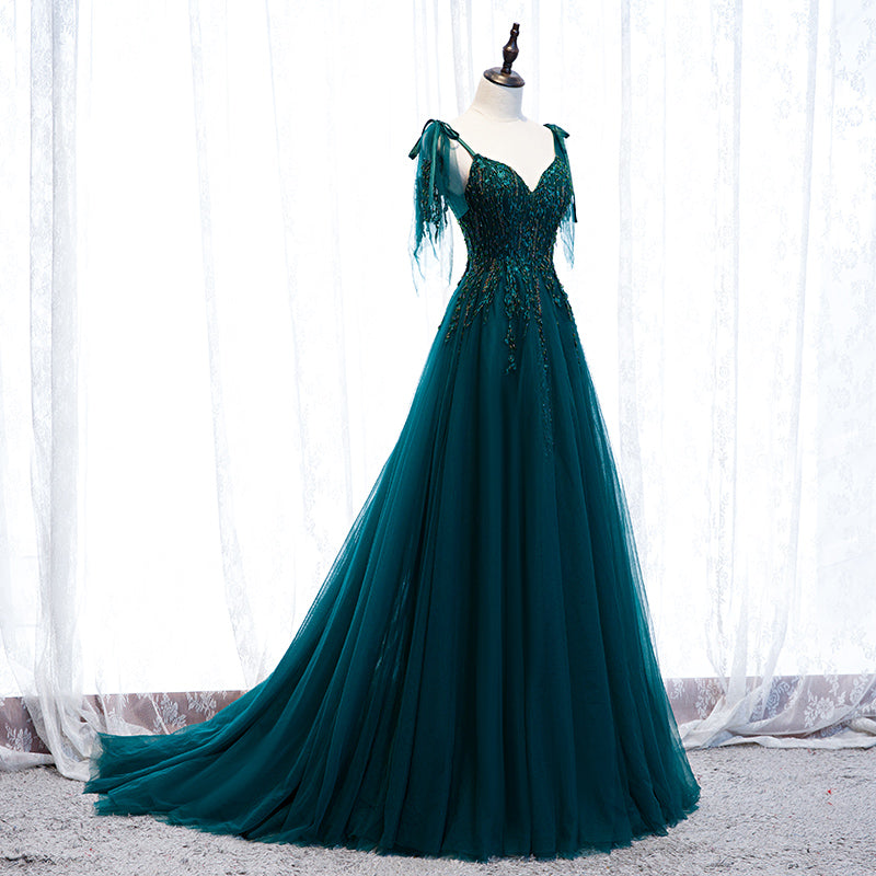 Lovely A-line Straps Tulle Teal Blue Long Evening Dress Prom Dress, A ...
