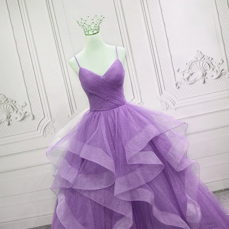 Gorgeous Purple Straps Layers Tulle V-neckline Long Evening Dress, Lig ...