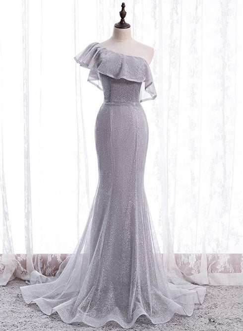 Shiny Beaded V-neckline Grey Long Low Back Floor Length Party Dress, Grey Evening Dress Prom Dresses main image 0