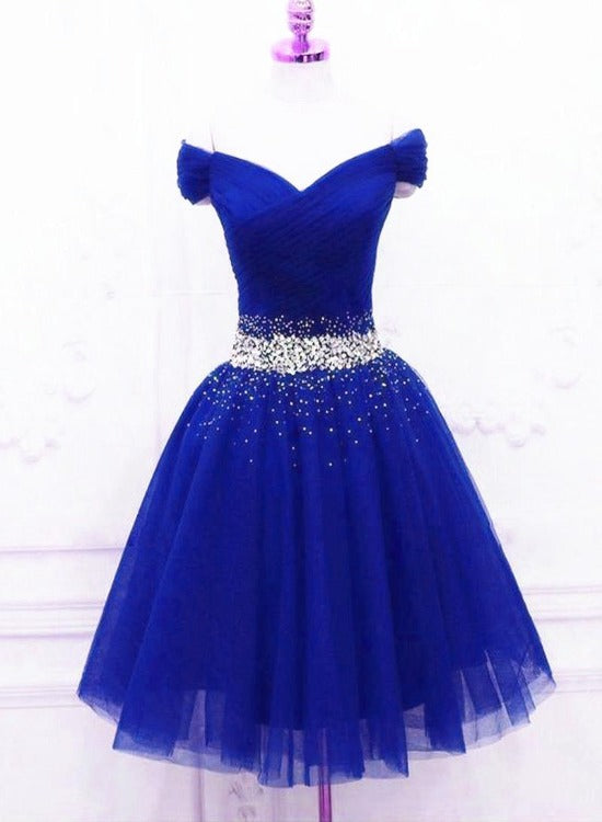 short royal blue off the shoulder dress Short Royal Blue Beaded Prom Dresses, Short Royal Blue Beaded Formal Homecoming Dresses, US 12 / Custom Color / With Rush+$19.99