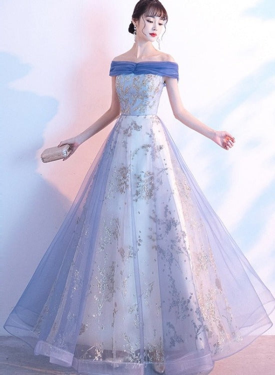 Light Blue Off Shoulder Tulle with Lace Long Evening Dress Prom Dress ...