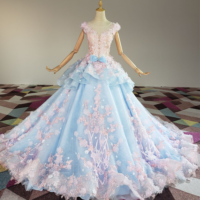 Blue and Pink Ball Gown Tulle with Flowers Sweet 16 Dress, Blue Formal