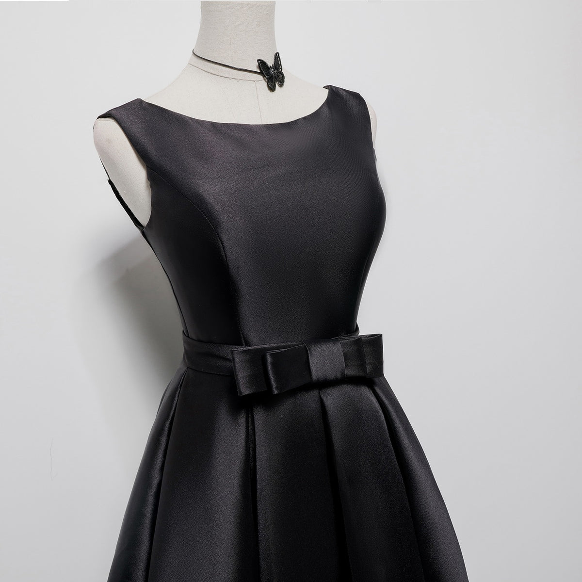 Black Round Neckline Satin Long Party Dress, A-line Floor Length Evening Dress Prom Dress
