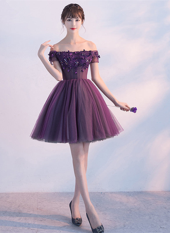 Lovely Light Purple Beaded Short Party Dress, Off Shoulder Homecoming Dress C124