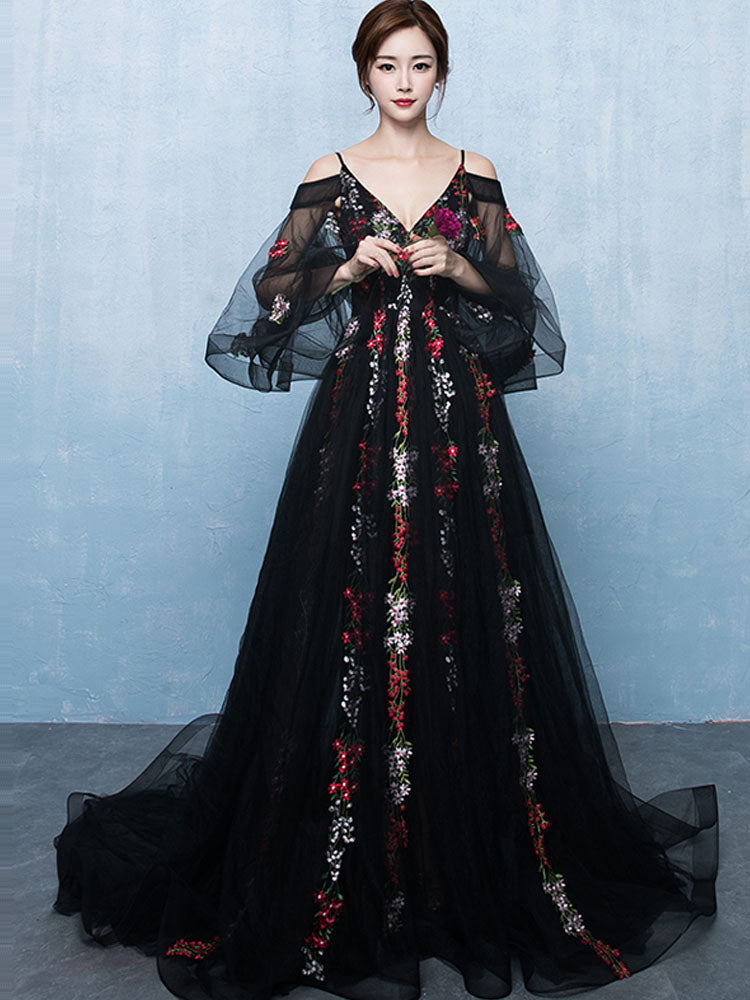 Black Lace Floral Tulle Unique Long Formal Dress, Black Evening Dress