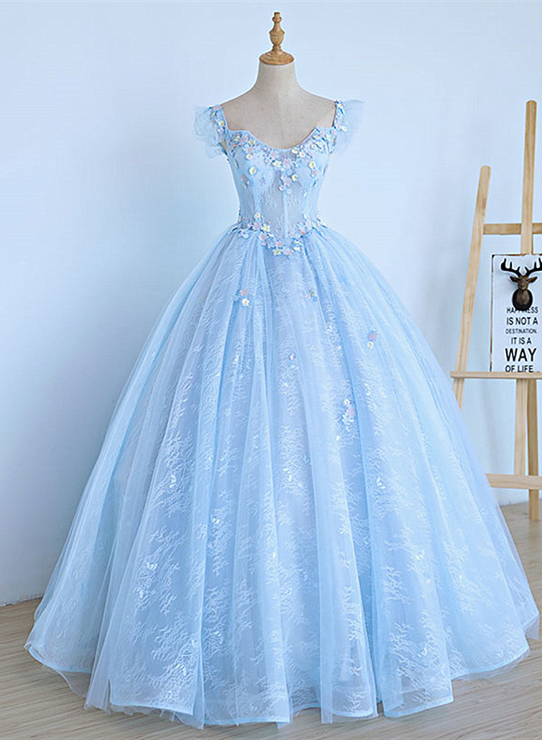 light blue sweet sixteen dresses Lovely Light Blue Lace Cap Sleeve Sweet 16 Prom Dress, Evening Dress US size 22W / Custom Color