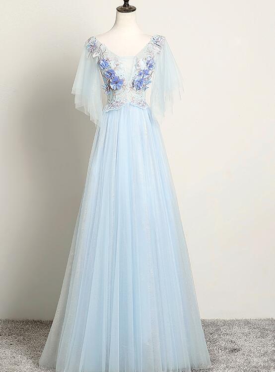 Light Blue Flower Lace V-neckline Puffy Sleeves Long Party Dress, Blue BeautyDressy Light Blue Flower Lace V-neckline Puffy Sleeves Long Party Dress, Blue BeautyDressy